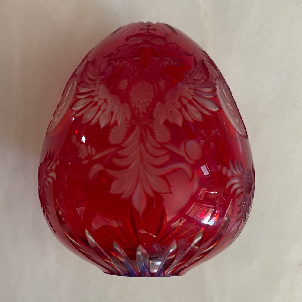 Faberge Style St. Petersburg Made in Russia Red Crystal Cut to Clear Egg